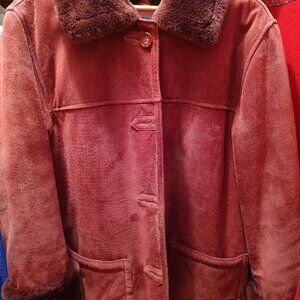 Dennis Basso Coat, Size M, Burgundy, Genuine Suede and Faux Fur